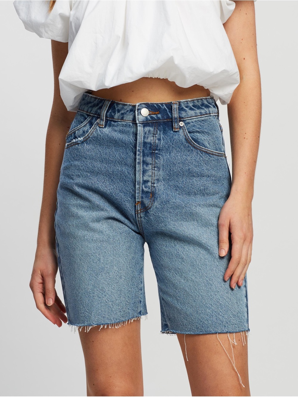 ROLLA'S Light Blue High-Rise Raw Hem Bermuda Jean Shorts